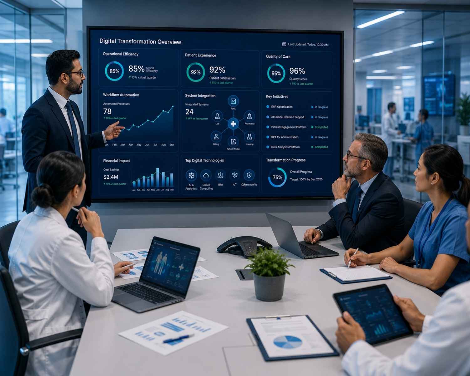 Digital Transformation
We help healthcare organizations modernize operations through digital transformation strategies, workflow automation, system integration, and intelligent technologies that improve efficiency, quality, and patient care.